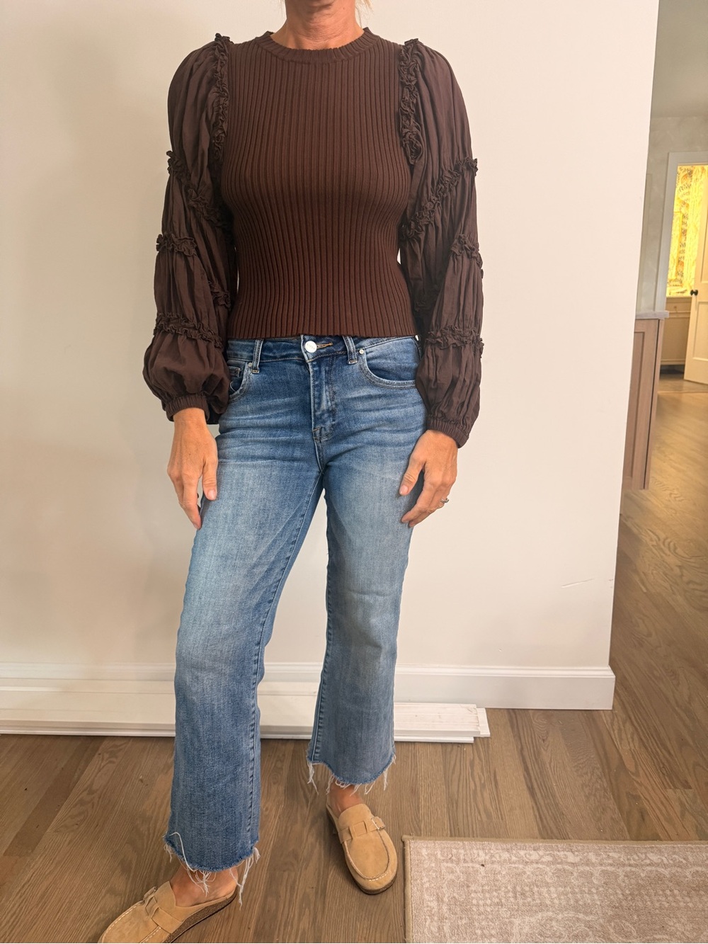 En Saison Brown Ribbed Puff Sleeve Ruffle Top Size S